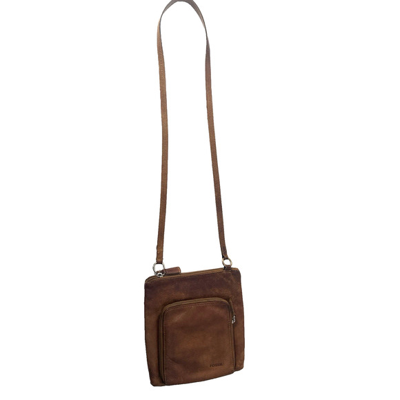 Fossil Genuine Leather Crossbody Bag Small Brown 7x8 Zip Pocket Adjustable Strap - Picture 1 of 11